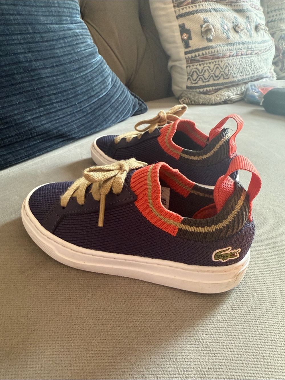 Lacoste Kids Navy Knit Sneakers with Red Trim and Beige Laces